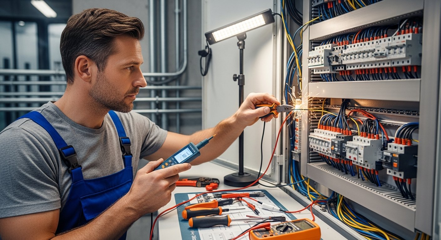 Electrician explaining consumer unit installation to homeowner in a Liverpool kitchen